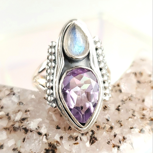 Sterling Silver Amethyst and Labradorite Double Teardrop Ring Size 8 - Picture 15 of 15